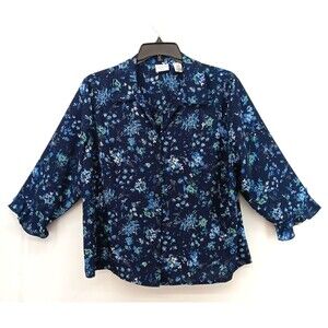 Covington Shirt Women Plus Size 20-22W Dark Blue Floral Bell Sleeve Button Up